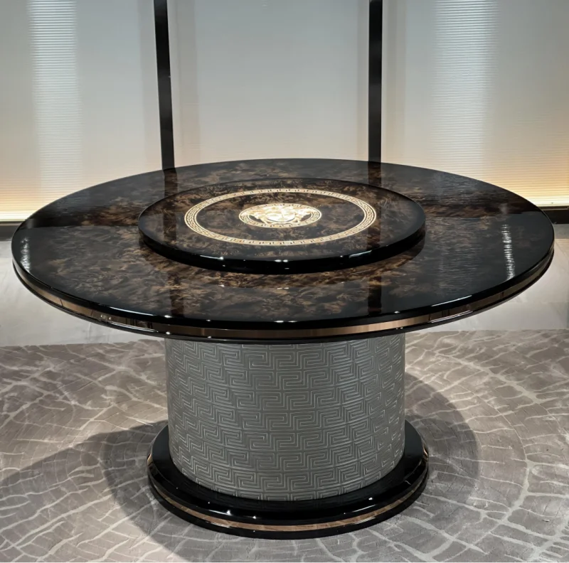 Customizable 6-Seater Dining Table Set Black Sandalwood Wood Rotating Centre Contemporary Style for Apartment Kitchen Living