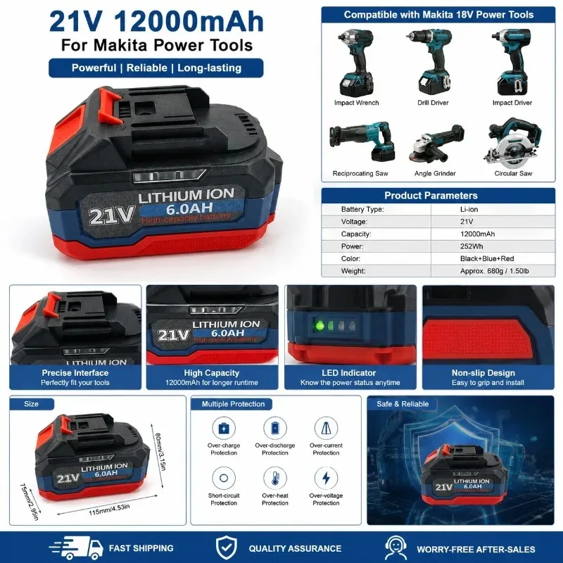 For Makita  18V Li-ion Battery 12000mAh For Makita Battery Impact Wrench Drill DDF487 BL1850 BL1860