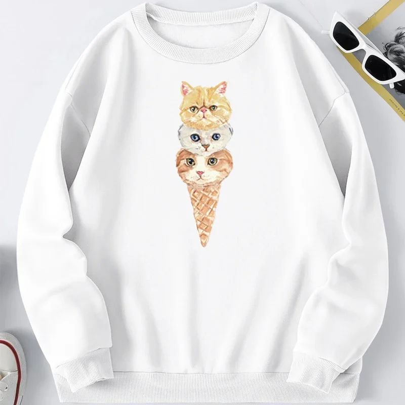 Ice Cream Cat Kittens Funny Lovely Cute Sweatshirts Men Hoodies Graphic Crewneck Autumn Pullover Man Jumper Sweatshirt