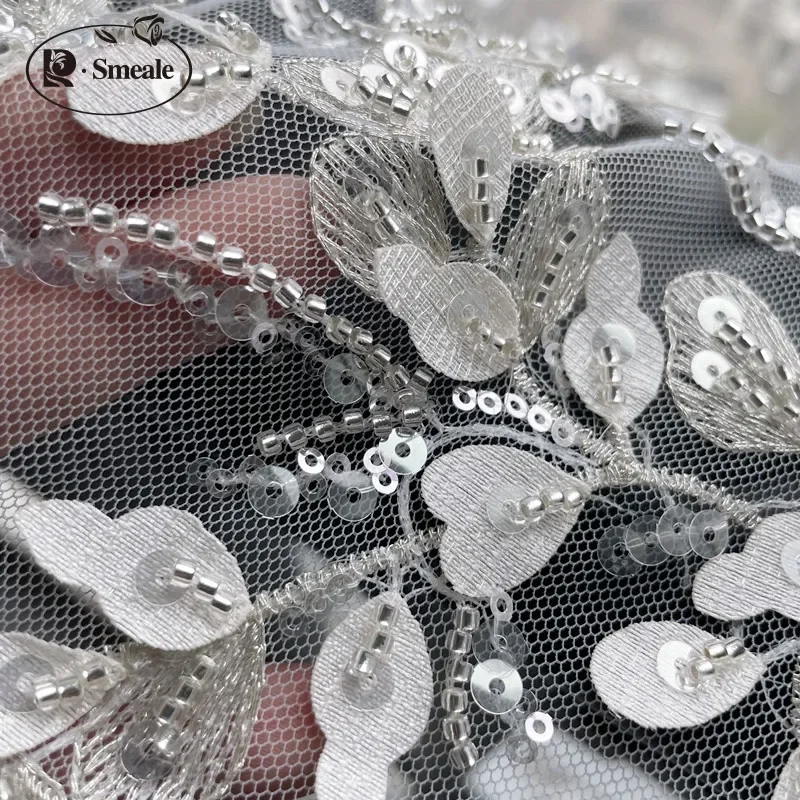 Ivory Luxury Beaded Applique Bridal Lace Fabric Silver Embroidery Flowers and Leaves Sequins High-end Dress Fabric Lace RS3105