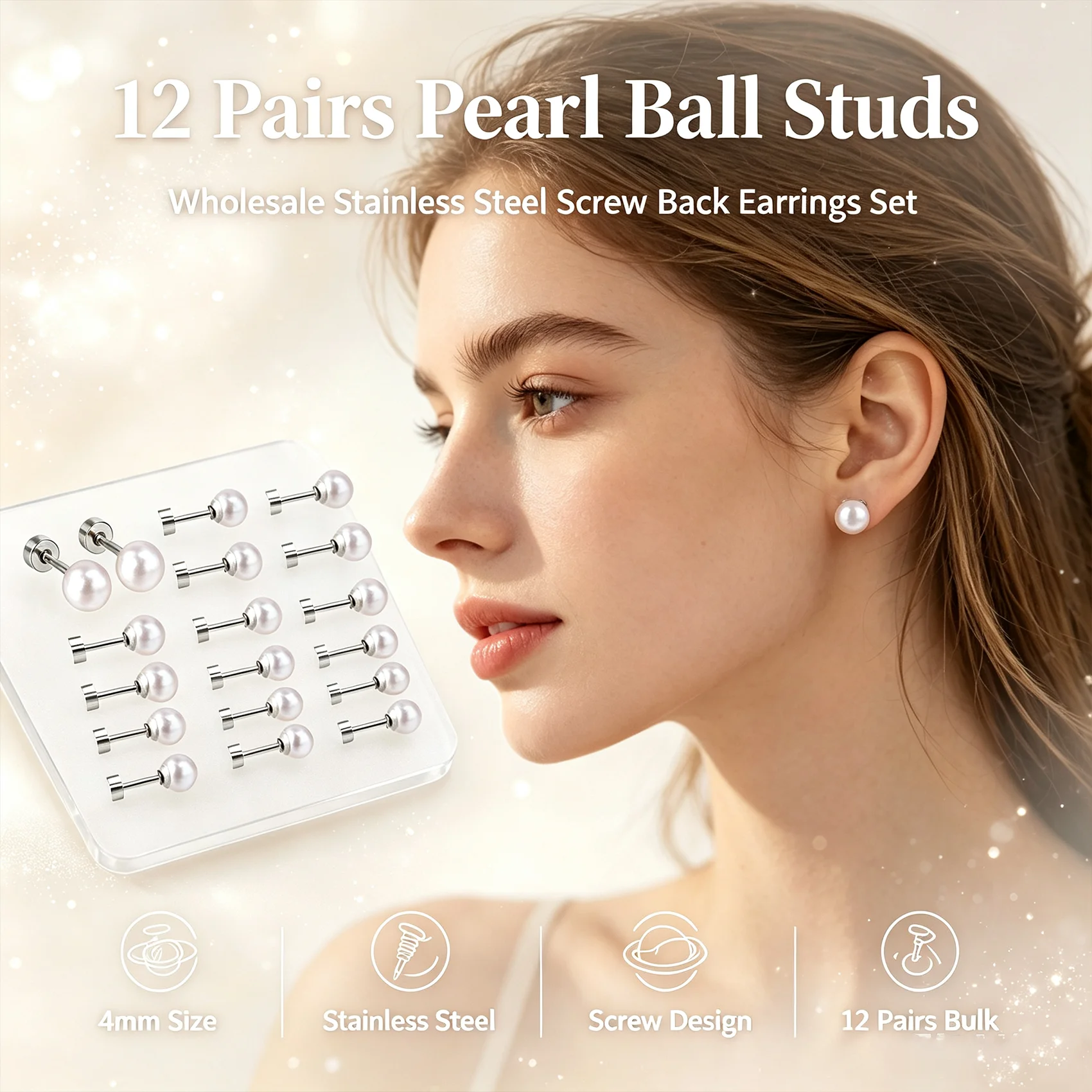 Wholesale Bulk 12 Pairs Stainless Steel Pearl Screw Back Stud Earrings 4mm-8mm Mixed Jewelry For Resale