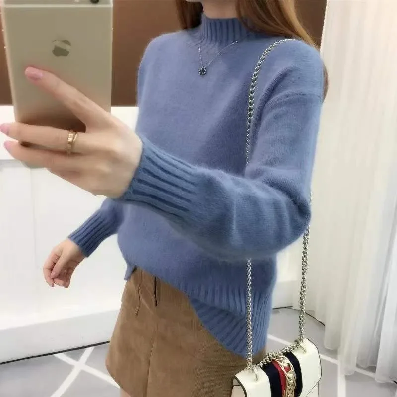 

Streetwear Korean Casual Knitted Tops Green Grey Blue Fashion Cashmere Turtleneck Sweater Women Knitted Pullover Jumper Pull