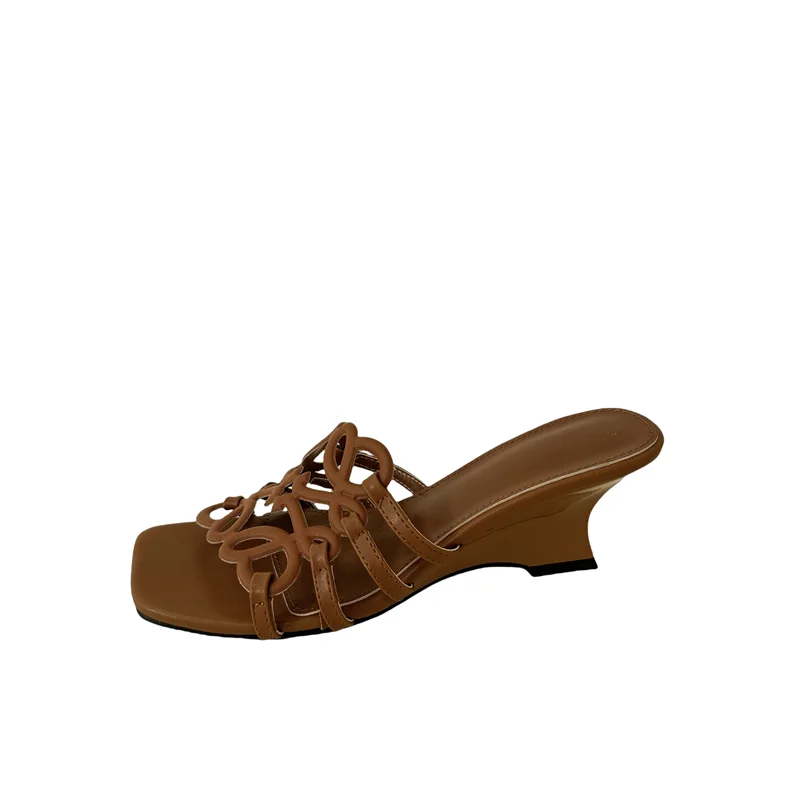 

Ladies Slippers Brown Wedge Sandals Woman Size 43 High Heels Summer Belt Hollow Out Leisure Heeled Sandals
