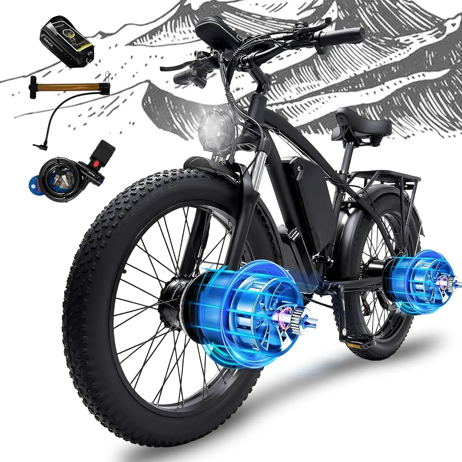Bicicleta Eléctrica NOVA X1 de 6000W de Potencia Máxima con Doble Motor para Adultos, 80 km/h con Batería de 60V25AH, Bicicleta Eléctrica con Neumáticos Gruesos de 26 Pulgadas para Todo Terreno
