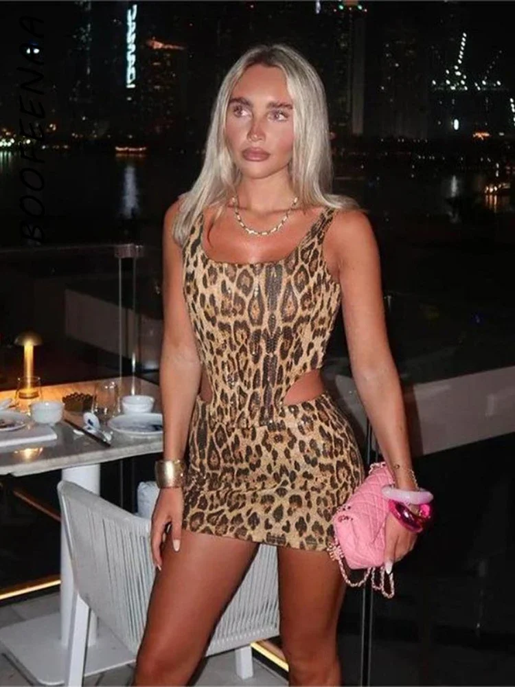 BOOFEENAA Leopard Print Sequin 2 Piece Set Backless Corset Top and Mini Skirt Sexy Club Outfits Women Summer Co Ord C78-DI27