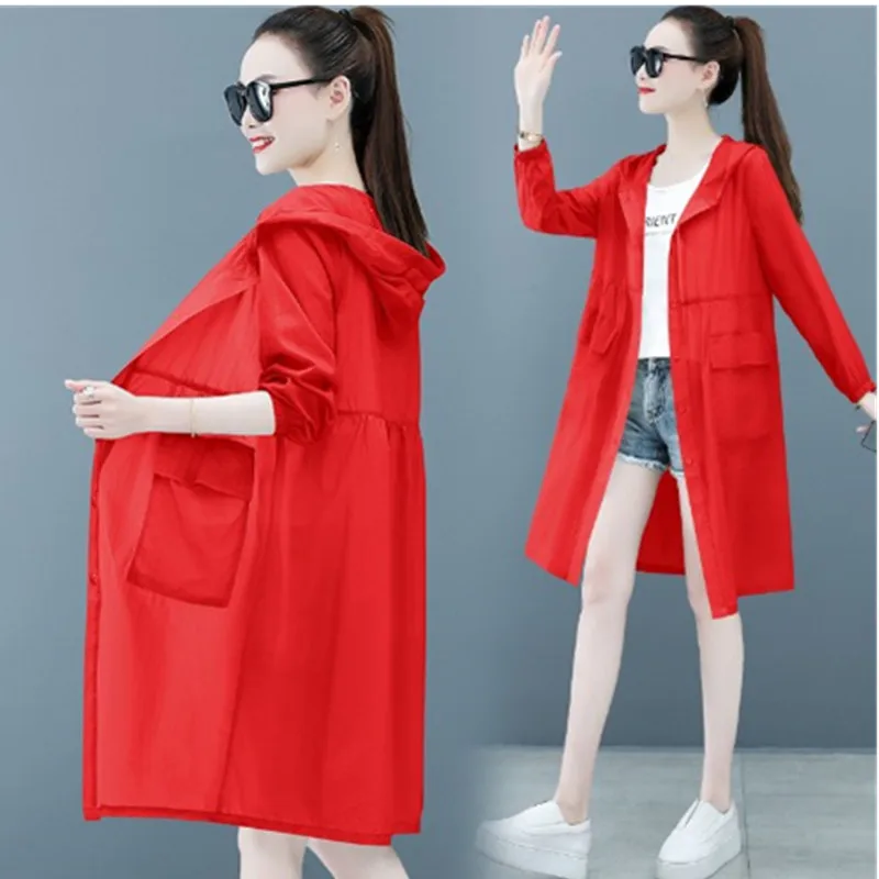 UHYTGF 2022 Women Summer Coat Fashion Ice Silk Hooded Thin Sun Protection Clothing Anti-UV Breathable Beach Big Size Jacket 2095