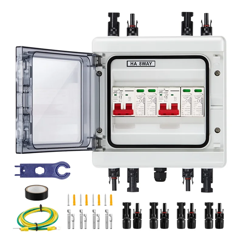 

A88E-Multi-Layer Protected Solar Combiner Box PV 2 Input 2 Output DC40A Isolator Switch, IP65 Waterproof Surge Protector