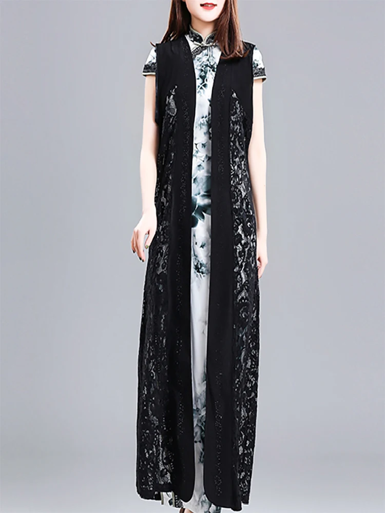 レトロレースオープンカーディガン レディース 春秋 2025 新作 ゆったり ミドル丈 ノースリーブ ホローアウト ショルダーラップ ベスト