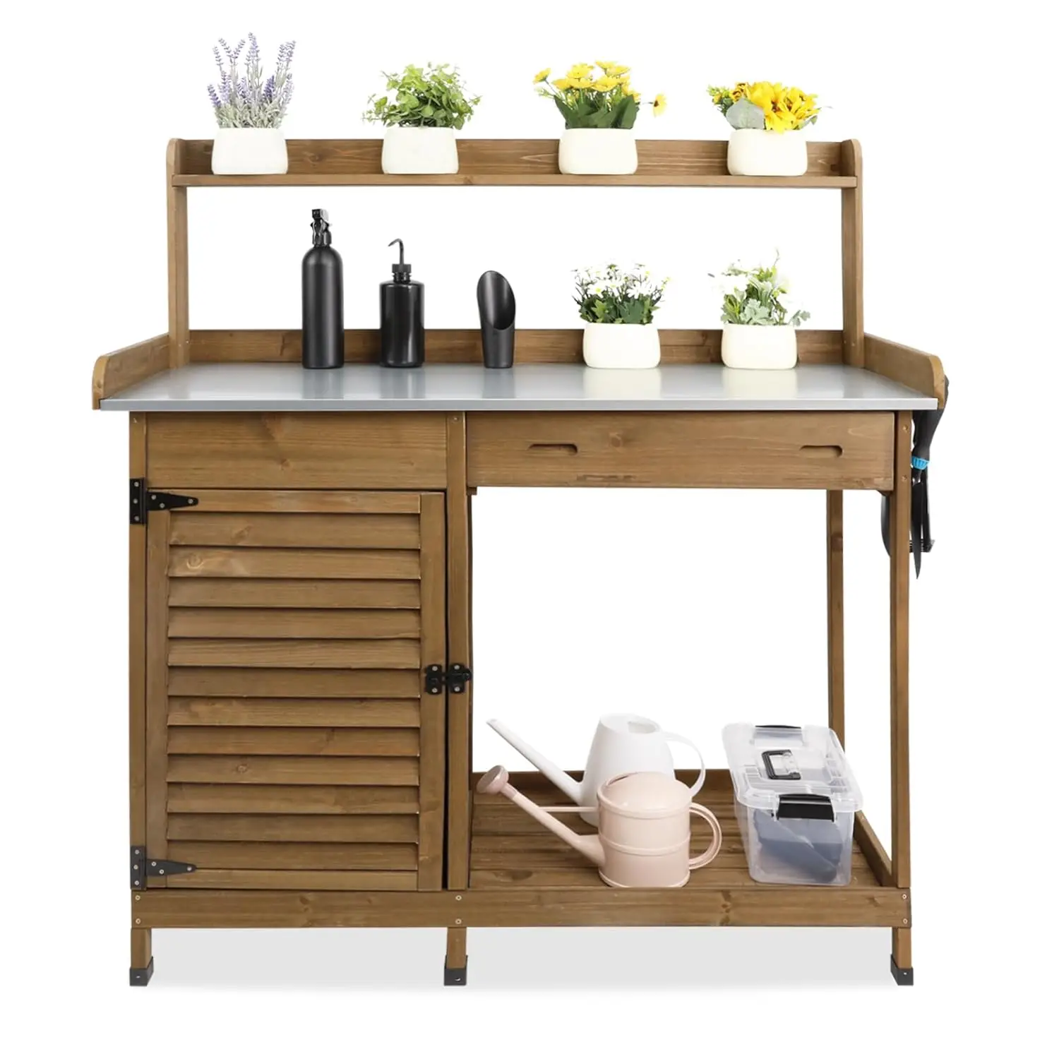 

41" Waterproof Wooden Garden Potting Bench Table with Metal Top Cabinet Drawer Shelf Outdoor Workstation, Customized