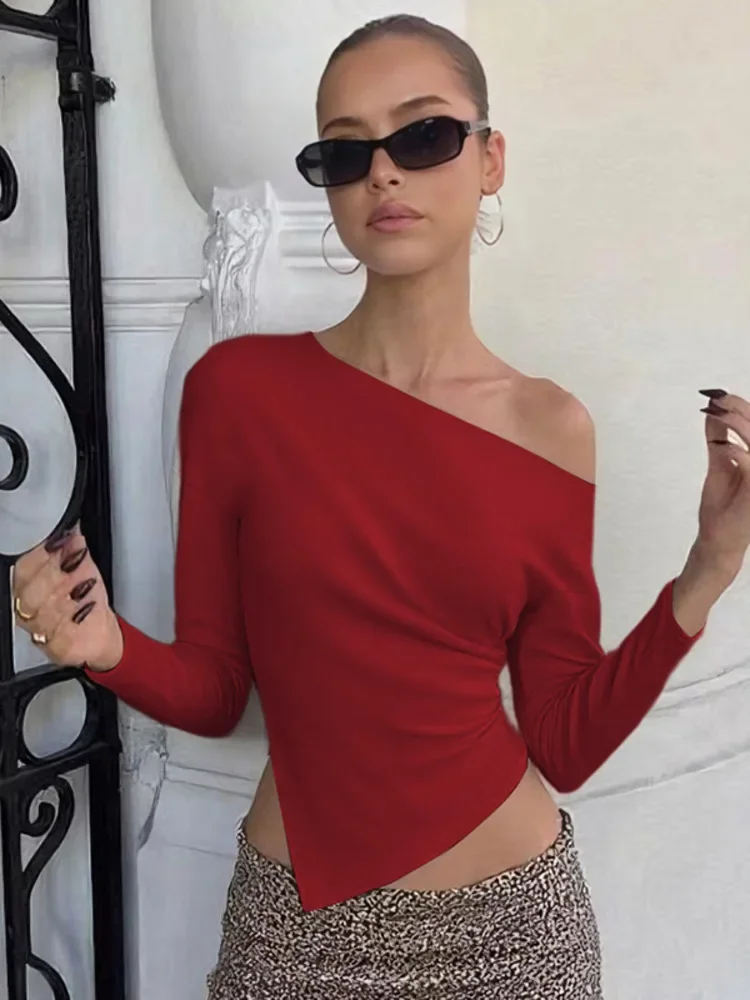 

Inclined Shoulder Long Sleeve Sexy T-shirt Women Autumn Fashion Solid Skew Collar Backless Ruched Club Party T-shirts