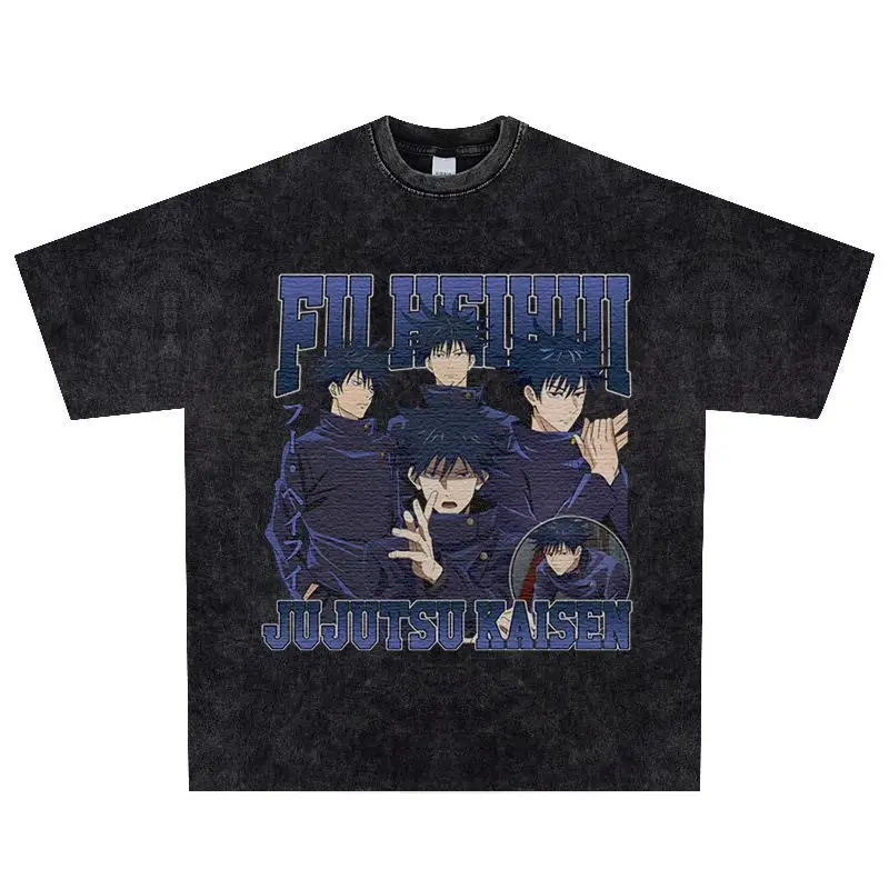

Faded Washed Jujutsu Kaisen Tshirt Unisex Breathable Cotton Anime Loose Short Sleeve Top
