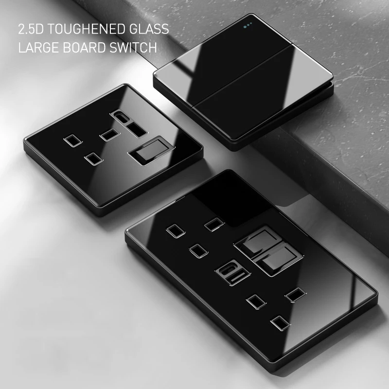 Tempered Glass Wall Light Switch Button Black UK Plug For 13A Universal Wall Socket with Usb , UK switches and socket 220V