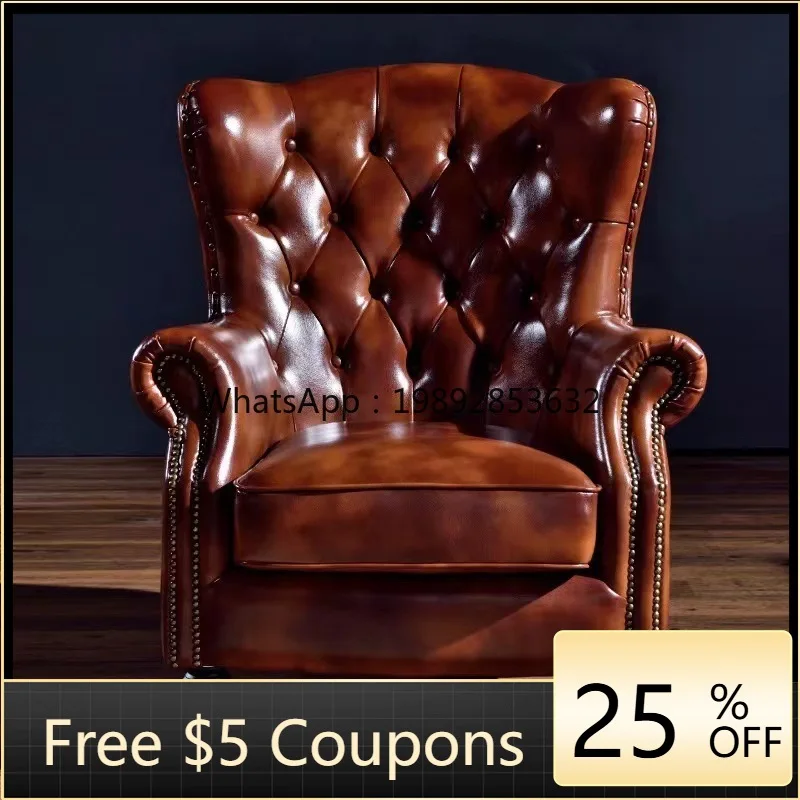 LYY Retro Vintage American Style Oil Wax Leather Brown Single Chair Sofa High Back Buckle Hotel Reception Living Room
