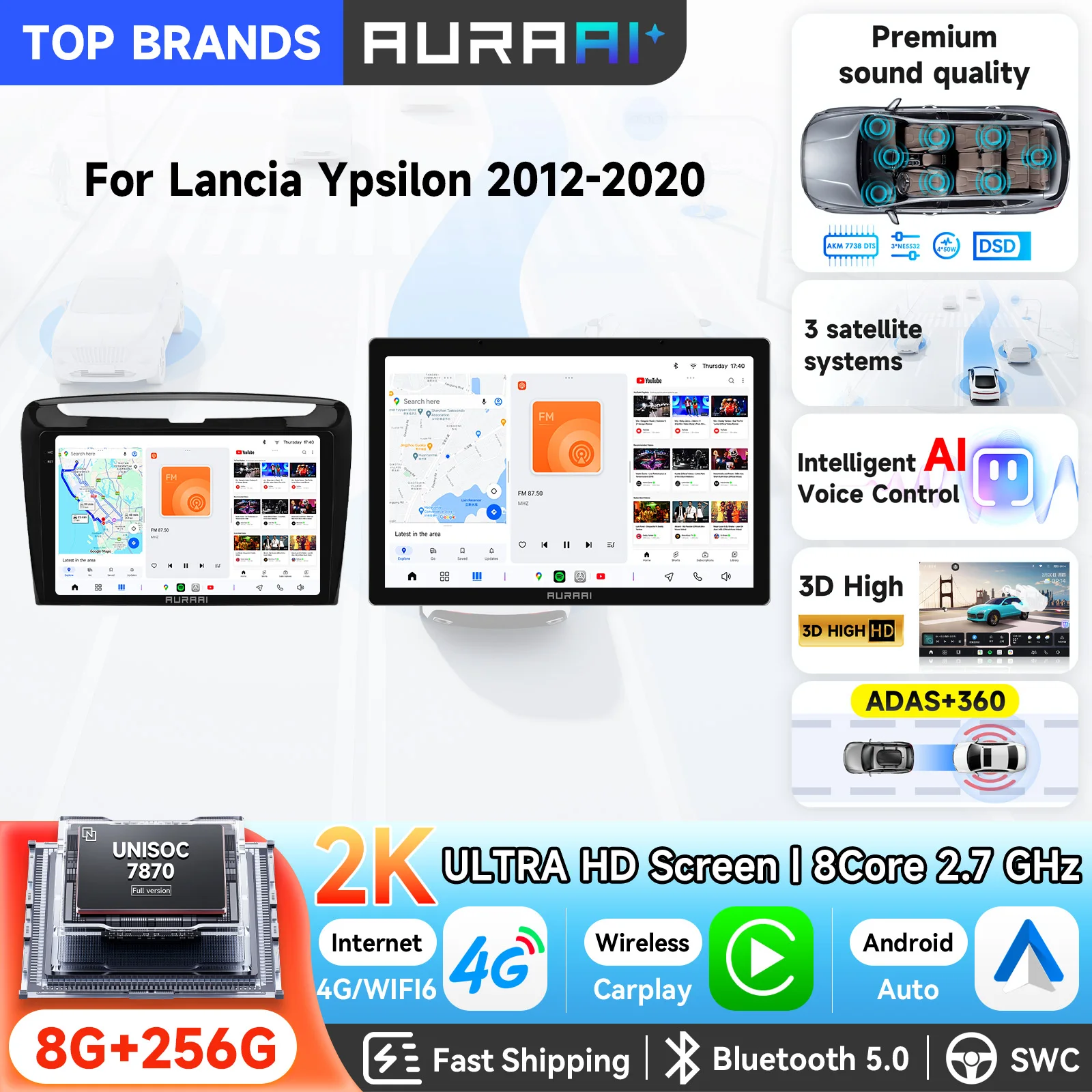 OSSURET Schneller Versand AURAAI X100 C200 Octa-Core Android 13 Autoradio für Lancia Ypsilon 2012-2020 Autoradio mit kabellosem CarPlay, Android Auto, GPS-Navigation, intelligentem Bildschirm, 4G,