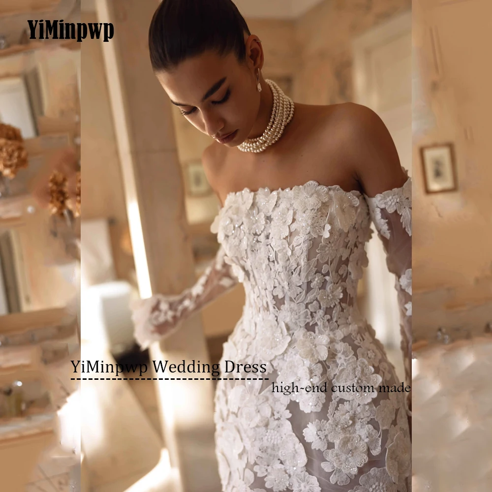 ミニレースの花のウェディングドレスストラップレスジッパーバックアップリケチュールストレート取り外し可能なスリーブ花嫁パーティードレスカスタマイズ