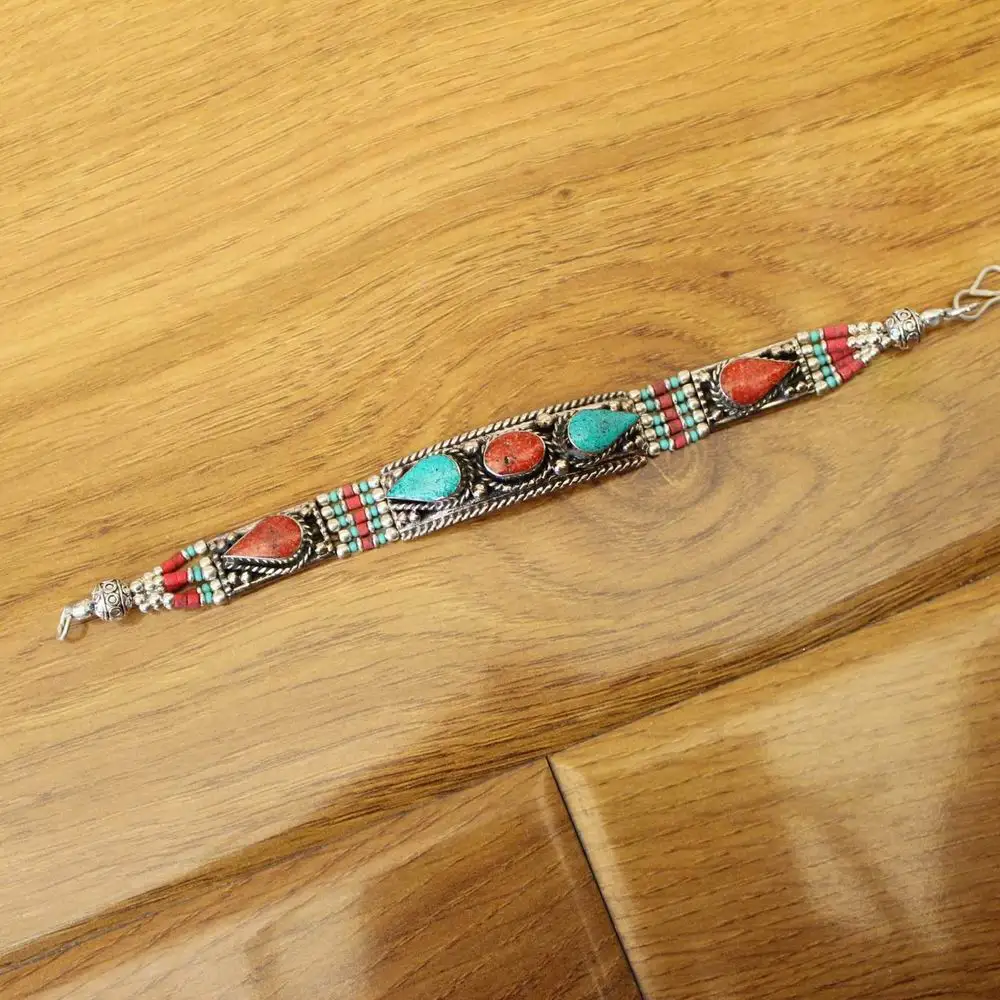 BR492 Nepal Jewelry Copper Inlaid Coral Turquoises Stone 15mm Width Clasp Bracelet Cuff For Women