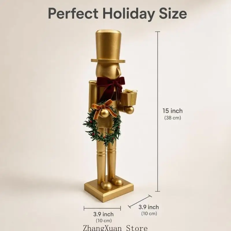 Weihnachts-Nussknacker-Figur, Tischdekoration aus Holz, mattes Gold-Finish mit Kranz-Akzent, 38,1 große Kaminsimse und – Detail 6