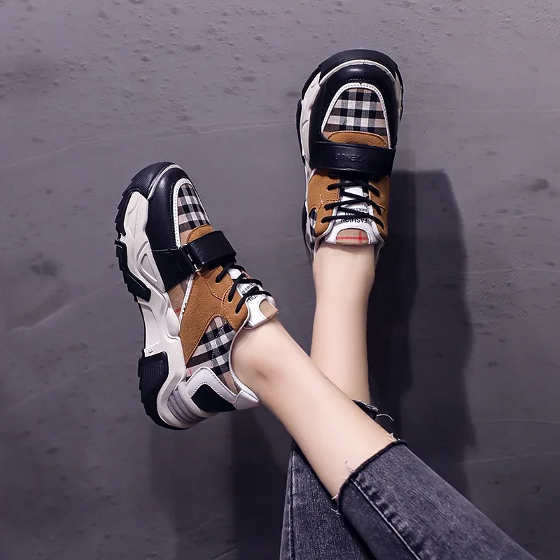 Women\'s Single Shoes Spring New Thick Soled Checkered Color Matching Lace-up Sneakers Fashion Comfortable Non-slip Board Shoes