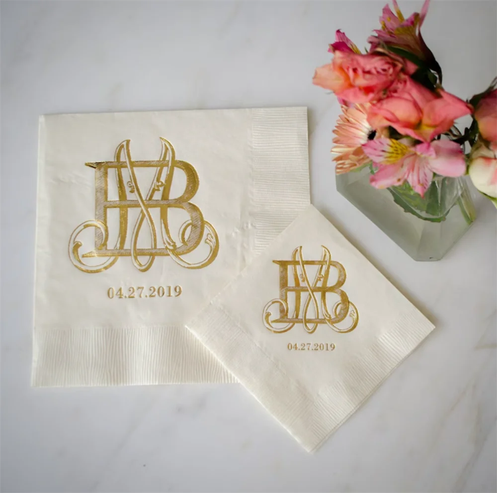 

50PCS Gold Foil Print Cocktail Napkins Interlocking Monogram Ivory Napkins Interlocking Monogram Elegant Wedding Decor Appetizer