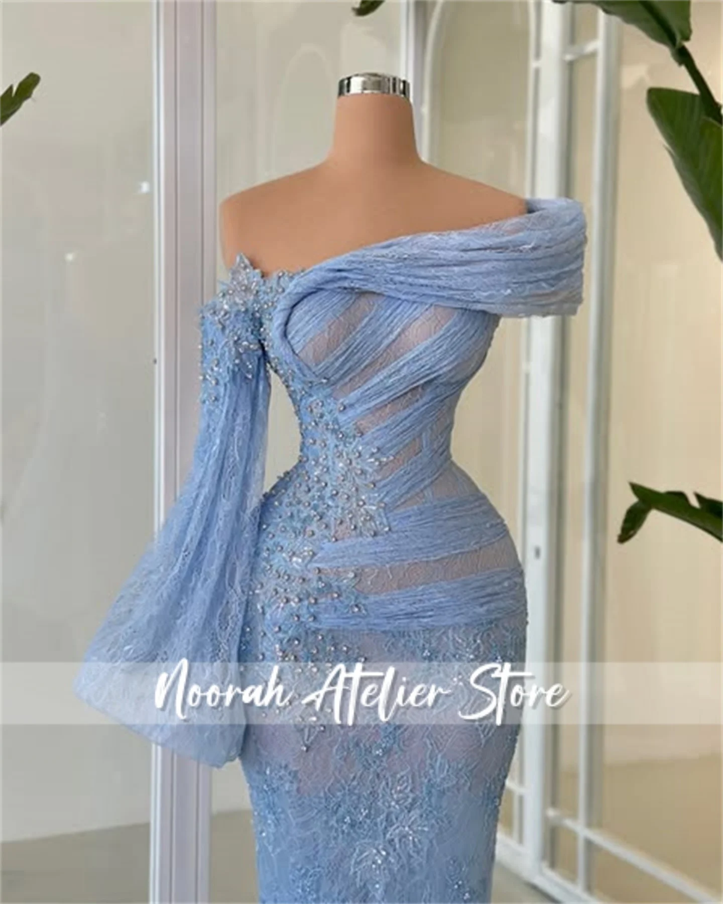 Blue Lace One Shoulder Long Sleeves luxurious women's Evening Dresses 2025 pleats Women Dubai Long Party Gown Vestido Customized