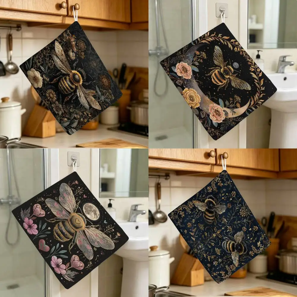 Mystical Vintage Bee Pattern Hanging Style Hand Wiping Towel Polyester Cotton Anti-fade For Indoor Kitchen Living Room