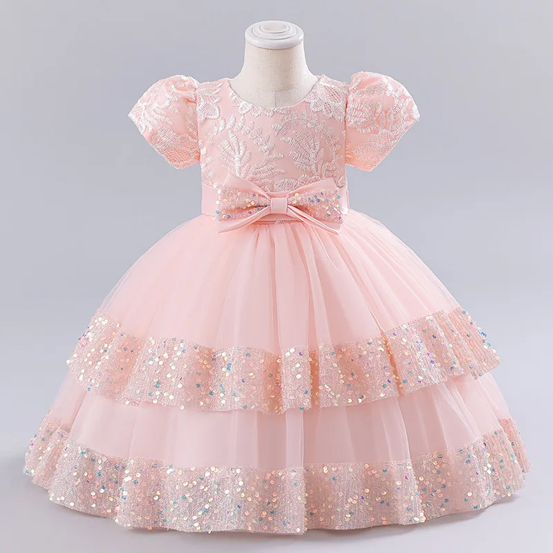 0-5-year-old Girl's New Bubble Sleeve Embroidery Big Bow Princess Dress Baby Satin Dress Birthday Party Performance Dress