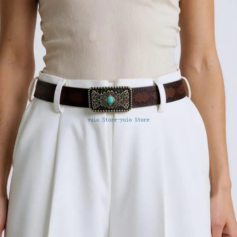 

X7XB Fashionable Engraved Pattern Belt Retro Brown Color PU Material Unisex