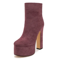 Sexy Women's Ankle Boots Platform Winter Autumn Short Boot Block High Heels Zipper Suede Black Gray Party Dance Shoes Female