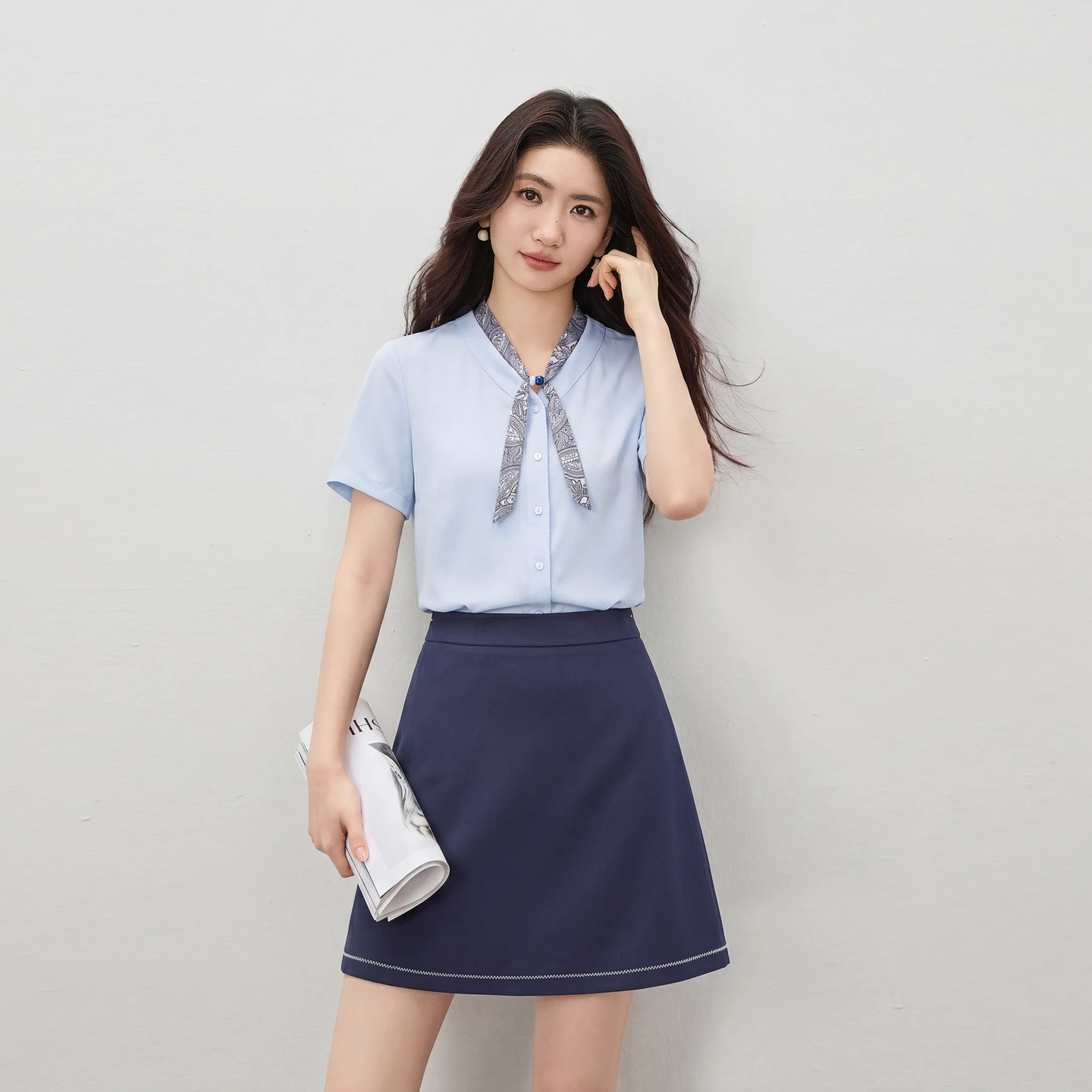 SENTUBILA Women's Commuter Blue Suit 2026 Summer V-neck Chiffon Shirt High-waisted Short A-Line Skirt Two-piece Set 162ZA7518