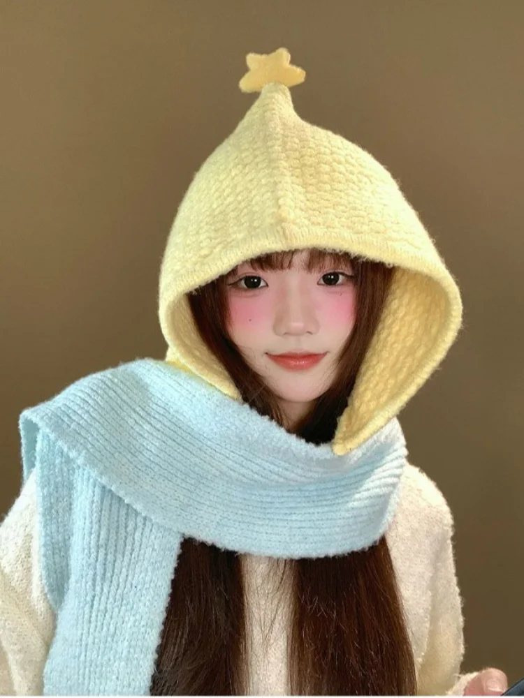 Women's Cute Star Decor Hat Scarf Integrated Bonnet Knitted Crochet Hooded Warm Color Block Aesthetic Winter Gift Accessory