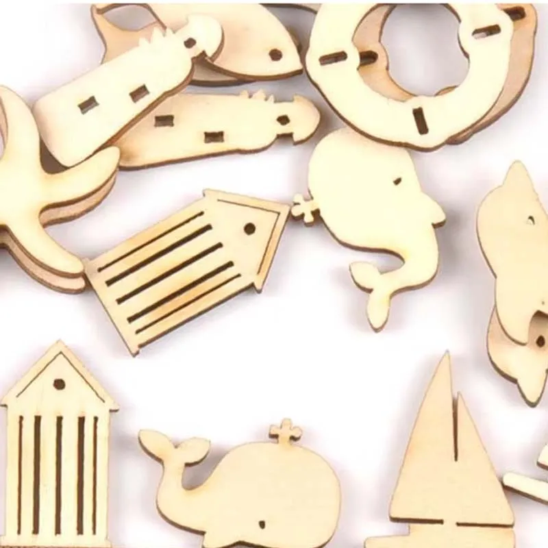 27-31mm Mixed Wooden Ornament Dolphin/starfish/whale/anchor/sailboat Pattern Wood For Scrapbook DIY Carft Home Decor 20pcs m2153