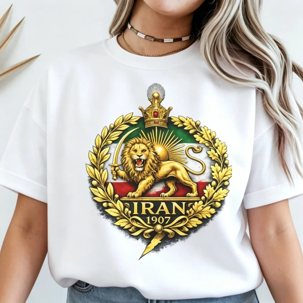 Iran 1907 Lion Sun Emblem Graphic Shirt Women Cotton Short Sleeve Vintage Royal Persian Crest Gold Embossed Badge Style Tshirt
