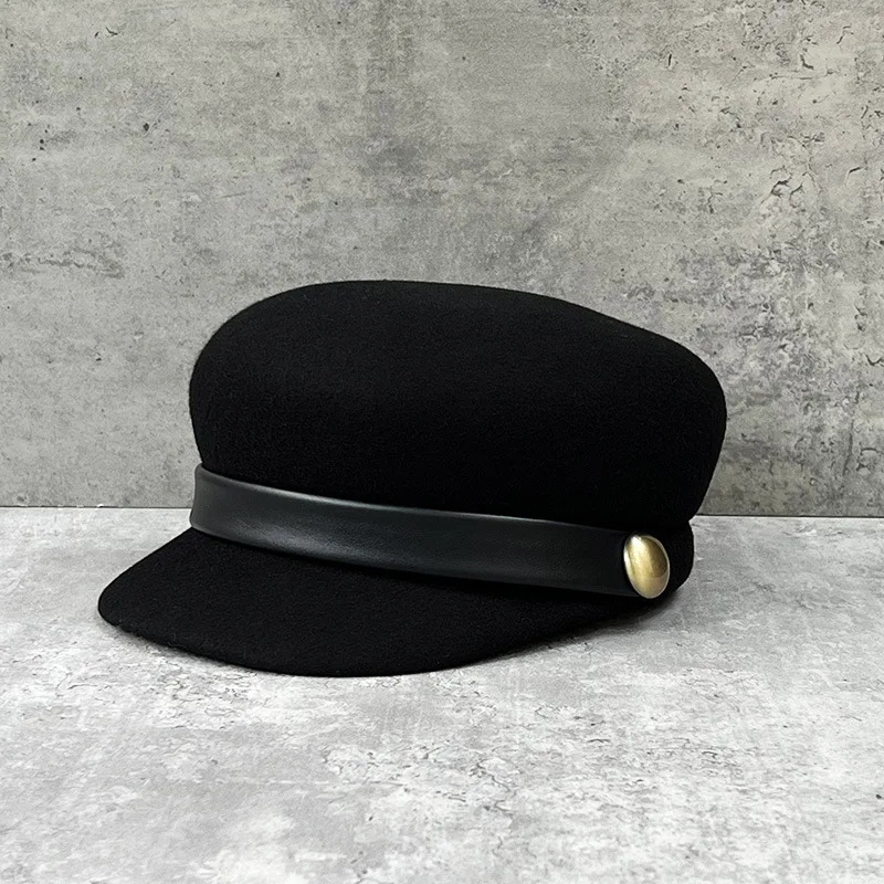 Women's Wool Derby Hat | Structured Short Brim & Flat Top | Face Slimming with Leather Strap | Autumn Winter Fashion