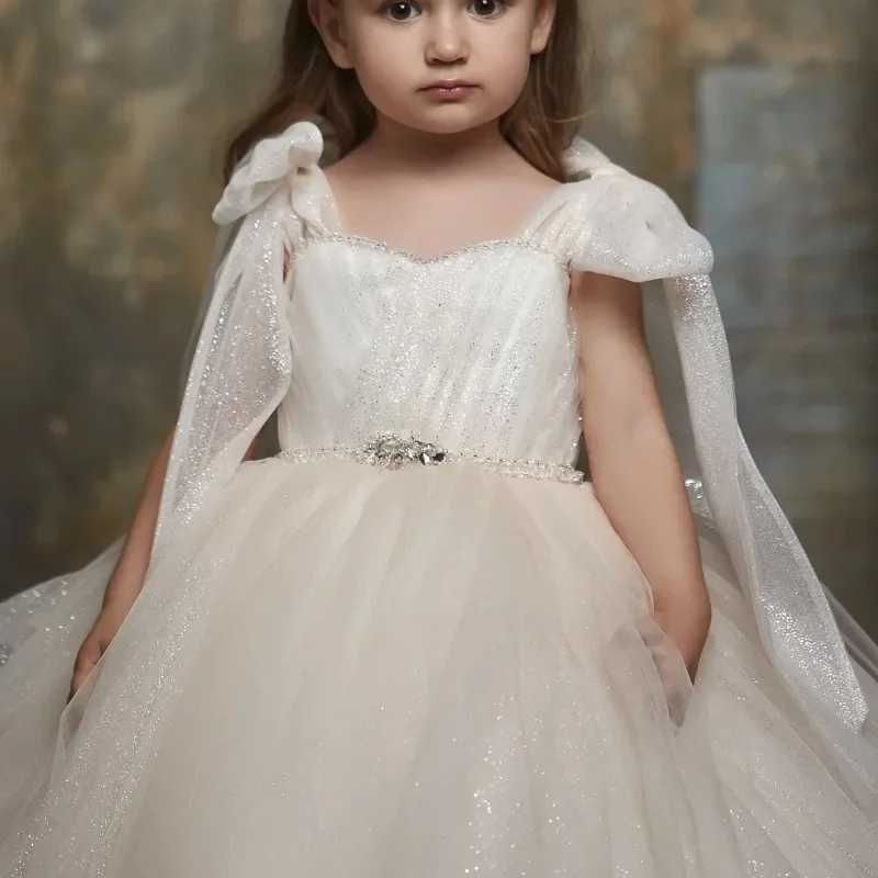 Bow Sleeves Flower Girl Dress Glitter Crepe Beaded Belt Lace Up Baby Girl Birthday Wedding Princess Party First Communion Gown