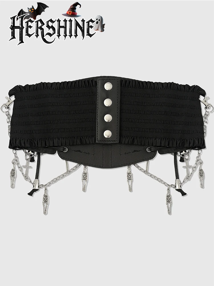 HERSHINE Women's Fashion Skull Cross Chain Elastic Wide Belt, Y2K Gothic Punk Harajuku Rock Hip Hop Cosplay，spring，summer