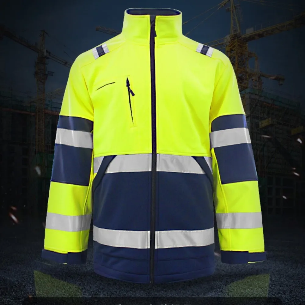 Safety Work Clothes Hi Vis Jacket High Visibility Reflective Fleece Jacket Winter Stripe Patchwork Hoodies Two Tone Stand Collar