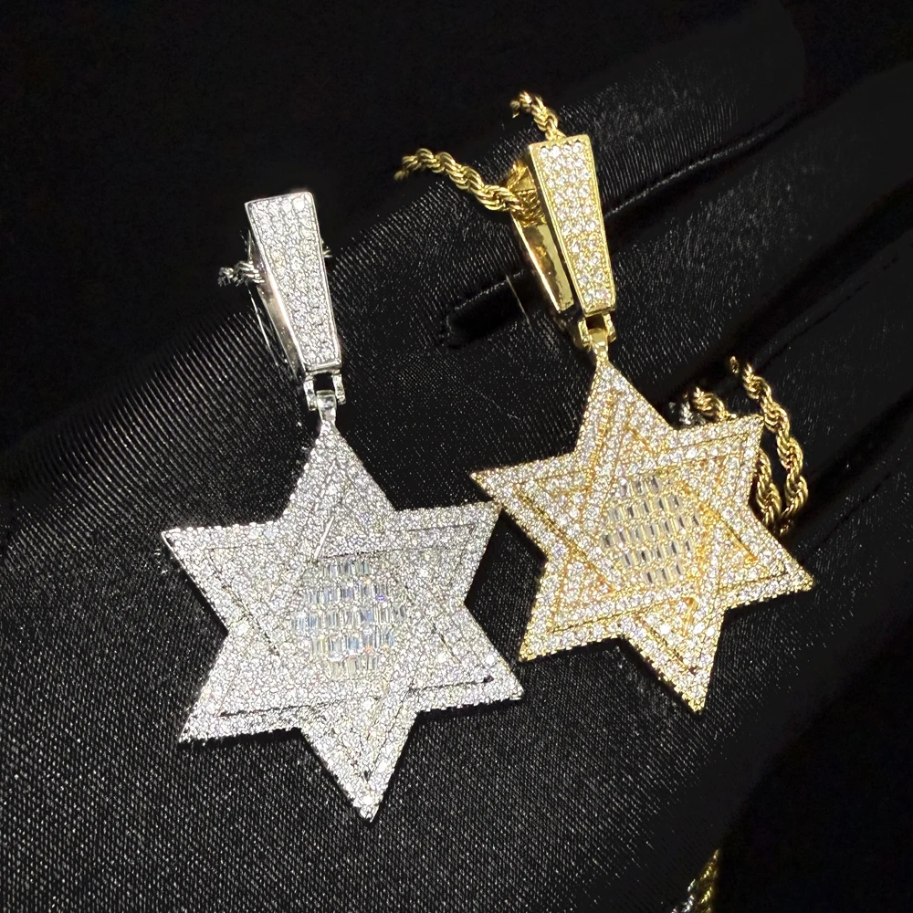 Iced Out Bling 5A CZ Cubic Zirconia Star Shape Charm Pendant Necklace Fashion Hip Hop Men Boy Rope Chain Jewelry