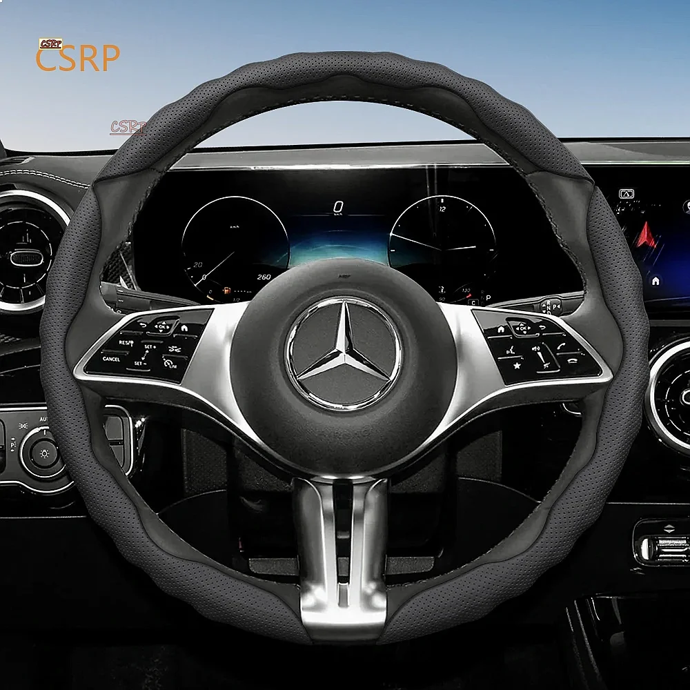 Steering Wheel Cover for Mercedes-Benz, Wave-Shaped Sporty Design, Breathable Leather, Segmented, Non-Slip, Sweat-Absorbing Case