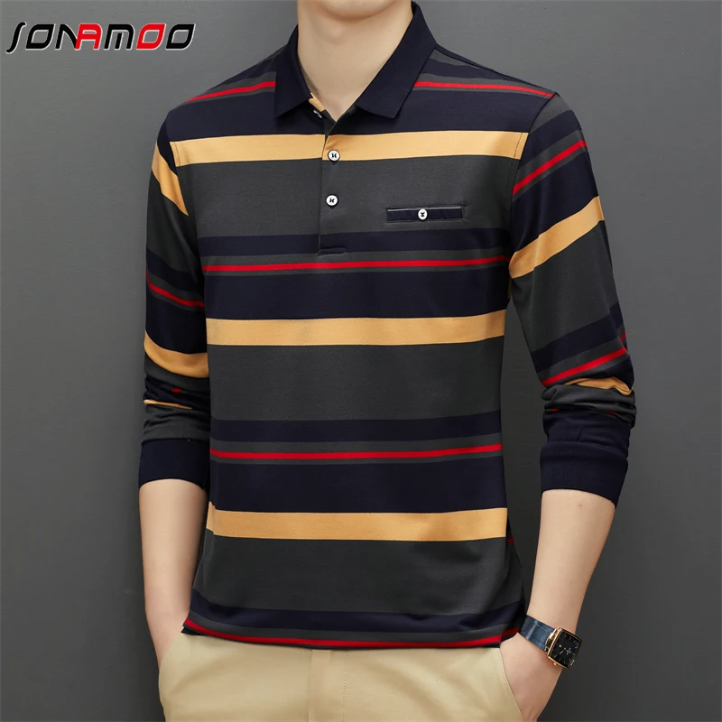 Spring and Autumn Long Sleeve Polo Shirt Fashion Stripe Men\'s Polo Neck Top Pure Cotton Daily Long Sleeve Polo Shirt