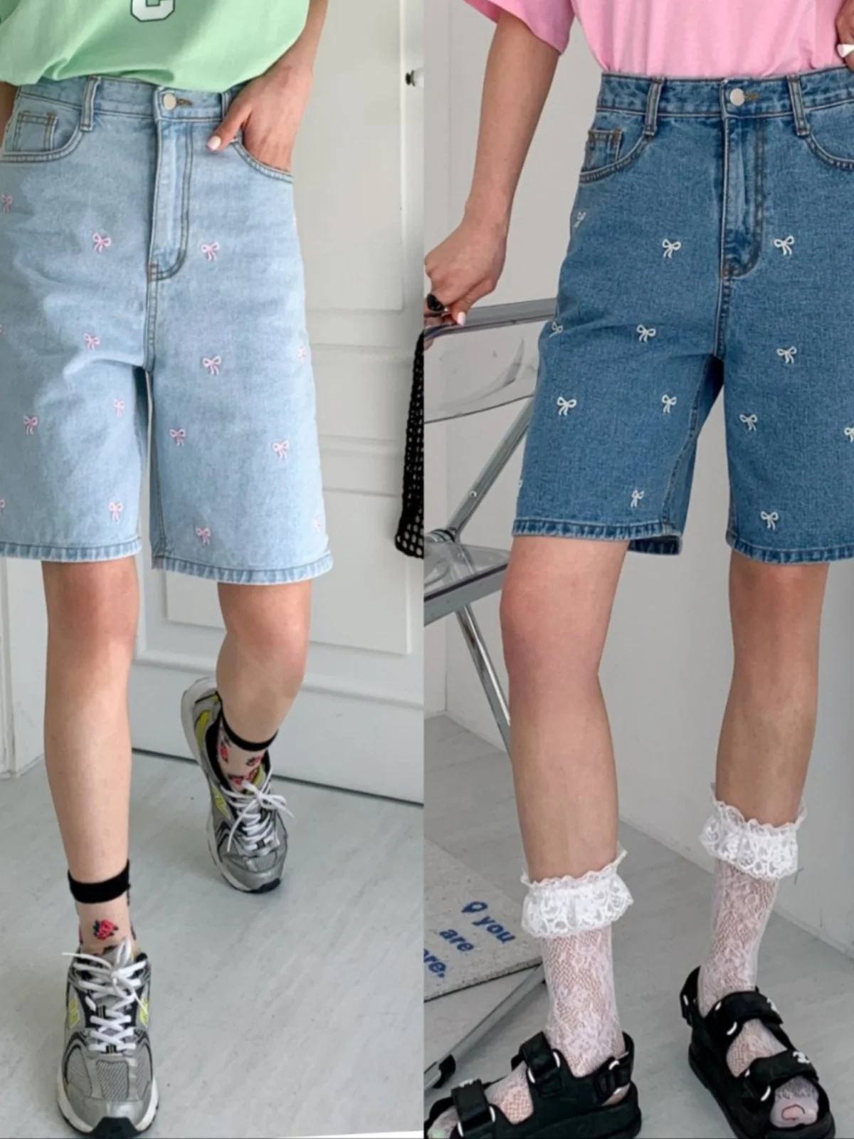 

Summer High Waist Straight Leg Short Jeans Women's Embroidered Knot Casual Fashionable Five-Quarter Length
