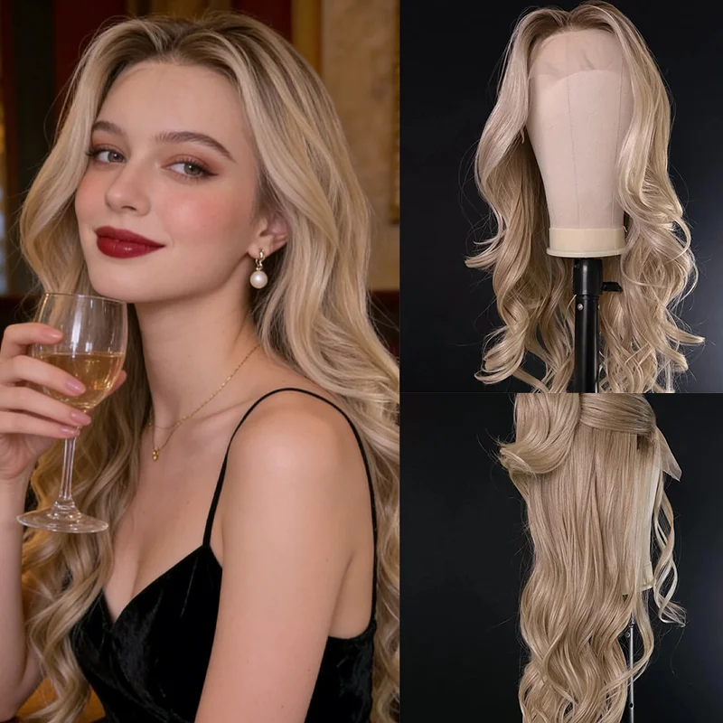 Reze Cosplay Light Blonde Lace Front Wig Long Wavy Synthetic Blond Ombré Root Hair Realistic Hairline Look Thick High Heat Fibre