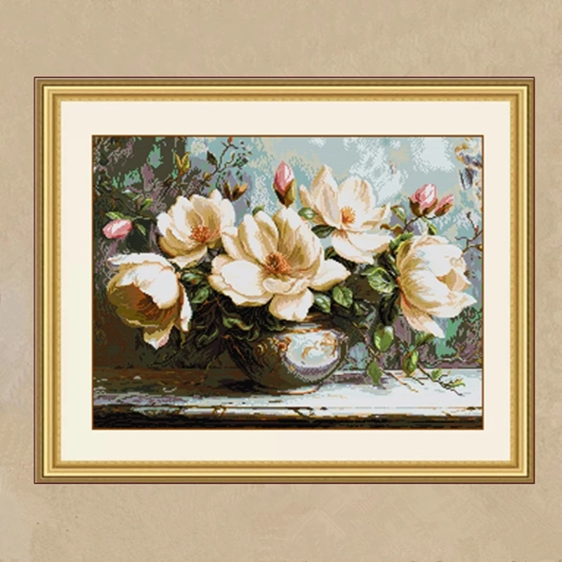 

Mysterious Magnolia Cross Stitch Kit Retro Oil Painting Flower Vase Self Embroidery Cotton Fabric Living Room Decor White