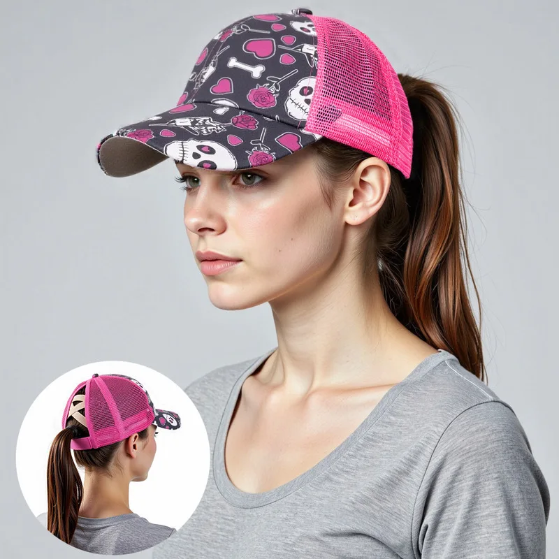 Popular European and American cross-border baseball cap with ponytail hole, open-top women's sun protection breathable mesh cap