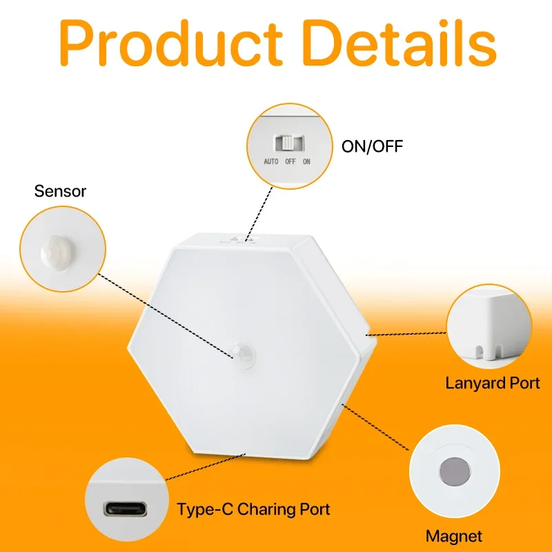 Oplaadbaar LED-kastnachtlampje met PIR-bewegingssensor en zeshoekige magnetische keukenbadkamerkast Draagbare noodlamp