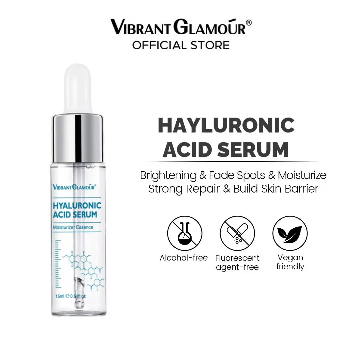 VIBRANT GLAMOUR Hyaluronic Acid Face Serum Anti-Aging Shrink Pore Whitening Moisturizing Essence Face Cream Dry Skin Care 15ml