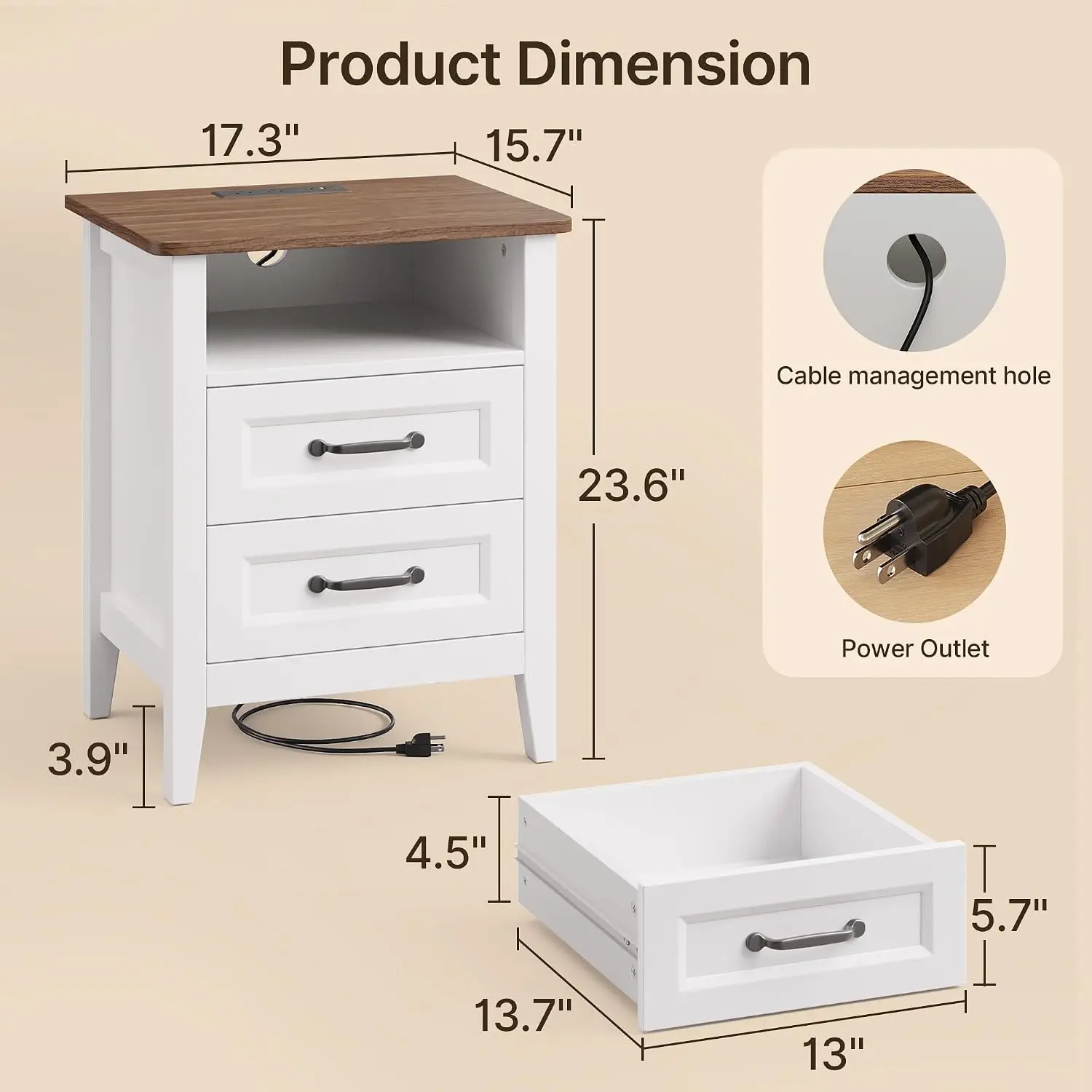 Farmhouse Nightstand Set of 2 with Charging Station, White End Table with 2 Drawers & Open Shelf, Wood Bedside, Customized - view 3