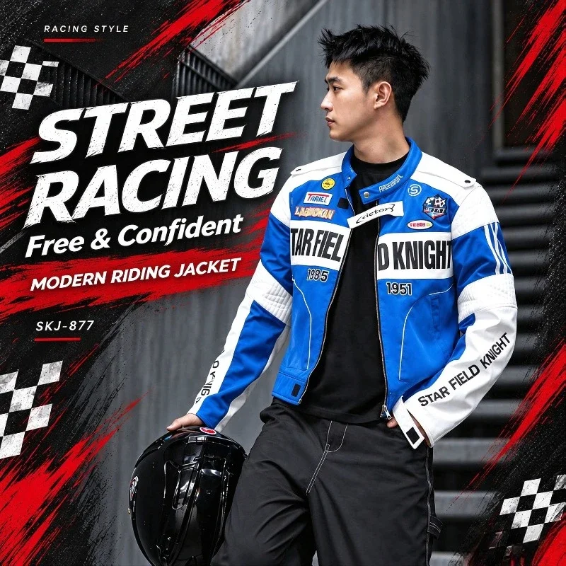 STARFIELD KNIGHT Motorcycle Riding Jacket Men Stand Collar Embroidered Patchwork Racing Style All Season Biker Coat