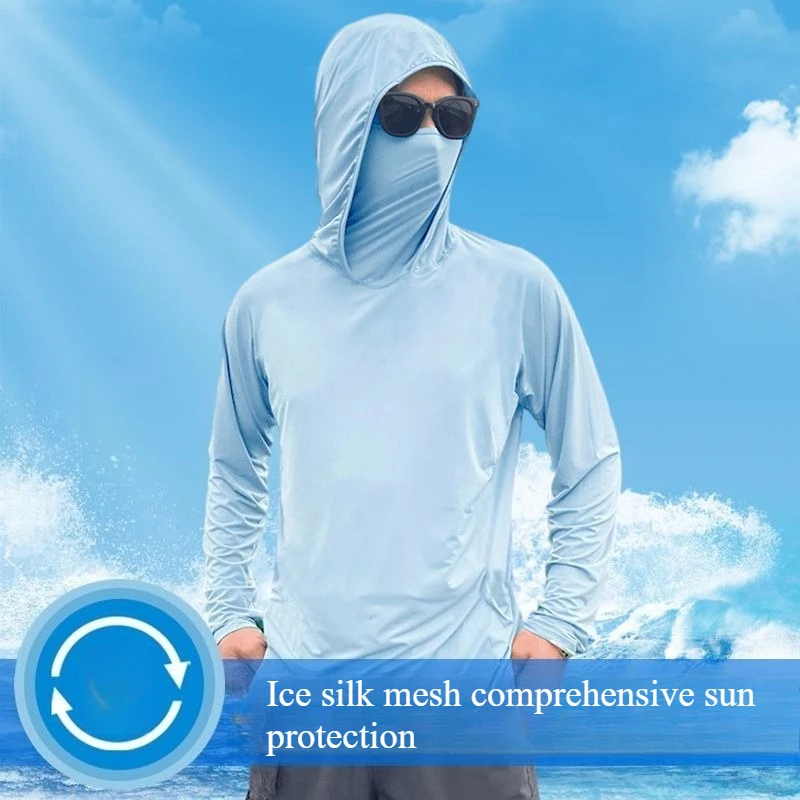 Summer Men's Hooded Sunscreen Clothing Long Sleeves Ultra-thin Ice Silk Coolchill Fabric Outdoor Cycling Fishing Mesh Pullover