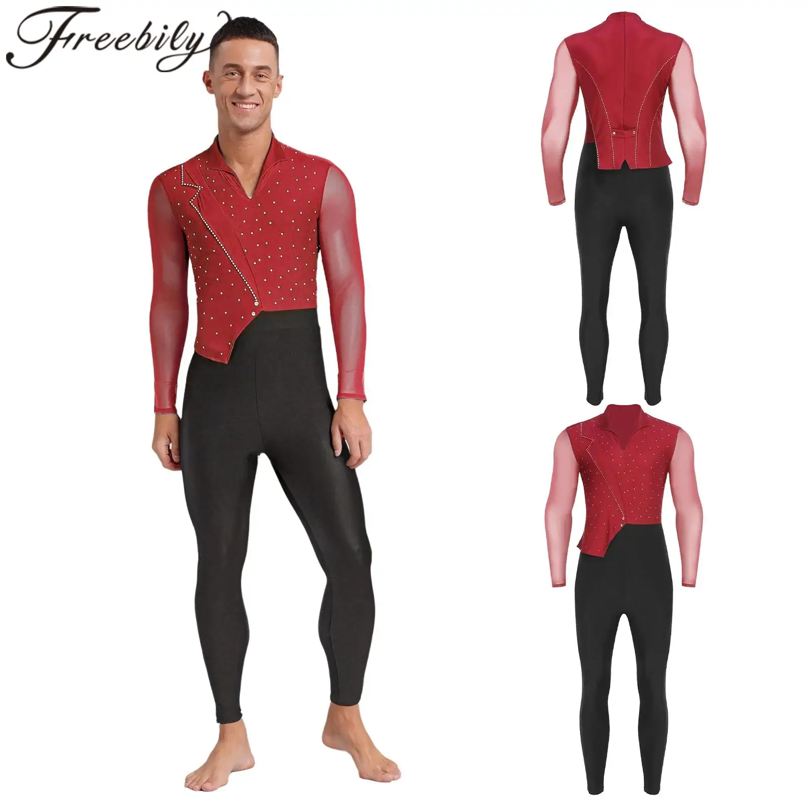 

Men Fashion Dance Jumpsuit Artistic Skating Tight Mesh Long Sleeves Gymnastics Bodysuit Performance Mens's Latin Dance Costume