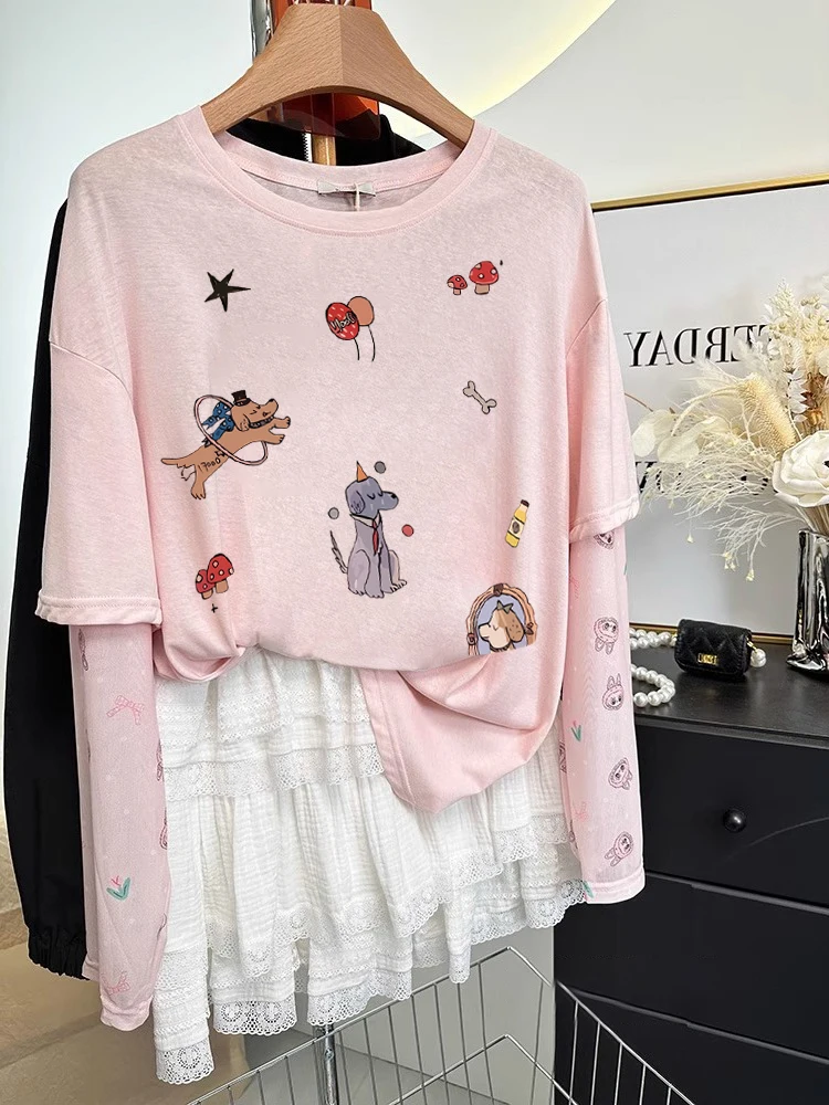 T-shirt bianca oversize ort Sve ex Protezione solare estiva allentata Top Design con abbellimento pesante Modello di giunzione alla moda